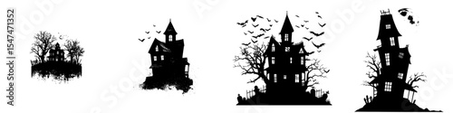 The modern horror castle is depicted as a black silhouette, set against a simple white background in a contemporary icon design, evoking the theme of Halloween