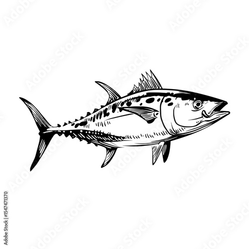 A simple and modern icon design showcases a black mackerel fish silhouette, contrasted with a plain white background for visual clarity