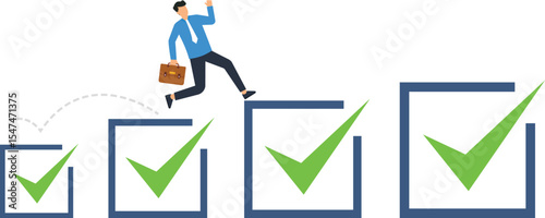 Businessman Jumping Over Checkmarks,checkmark, checklist, success, achievement, goal, progress, milestone, career, advancement, business, growth, project, completion, infographic, vector, illustration