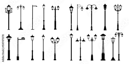 This set features 16 modern street lamp silhouettes in a vintage light post collection with diverse designs on a white background