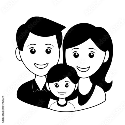 A happy family is illustrated in a line art drawing style, with a united family portrait of parents and their little girl kid shown in black linear sketch isolated on white background