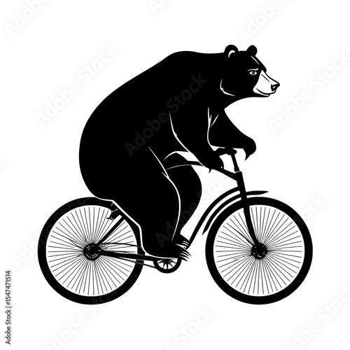 A modern depiction shows a lighthearted bear pedaling a retro-style bicycle in a circus performance, captured in black silhouette against a clean white background