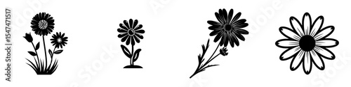 A cute summer plant and spring flower icon are featured alongside a retro black sticker daisy and groovy chamomile in a simple vintage camomile element and floral doodle set isolated on white