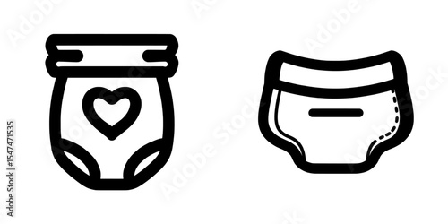 A set of diaper icons with editable stroke outlines is showcased in a modern, flat illustration style, isolated on white and precisely designed to be pixel perfect at a 64 x 64 size
