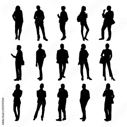 A modern set of illustrations, showcasing silhouettes of individuals in various poses, isolated against a white background, viewed from the top