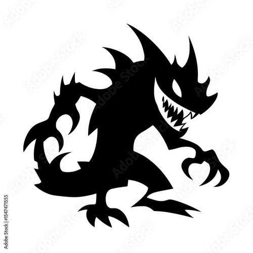 This image depicts a dragon-like creature, characterized by sharp teeth, claws, and a spiked tail, in the form of Smaug's silhouette, presented in a modern black clipart design