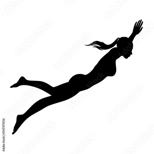 In a modern clipart black illustration design, a female swimmer is illustrated in a freestyle stroke position, with her silhouette highlighting her athleticism and the motion of her swimming