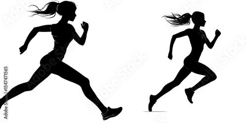A female athlete is shown in a dynamic running pose with her ponytail flowing, embodying the concepts of speed and motion in a modern black clipart illustration