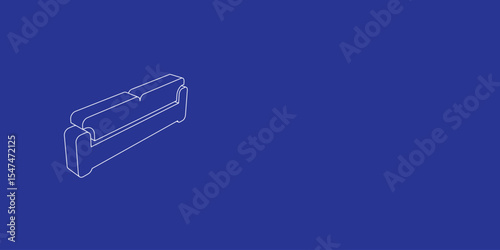 The outline of a large sofa symbol made of white lines on the left. 3D view of the object in perspective. Vector illustration on indigo background