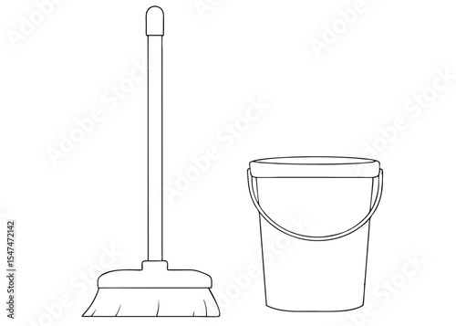 Simple line art illustration of a broom and bucket cleaning supplies for domestic household chores.