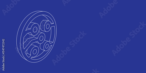 The outline of a large electrical board symbol made of white lines on the left. 3D view of the object in perspective. Vector illustration on indigo background