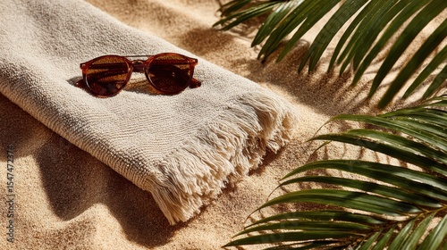 Simple beach towel and sunglasses on sand with palm background