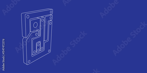 The outline of a large printed circuit board made of white lines on the left. 3D view of the object in perspective. Vector illustration on indigo background