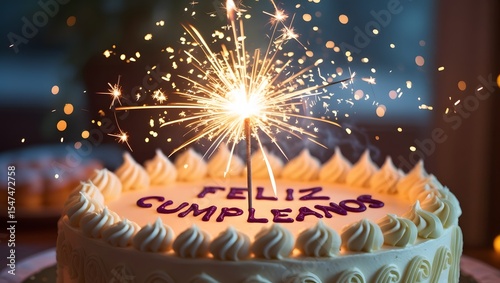Feliz Cumpleaños - Cake with Sparkler and Spanish Greeting