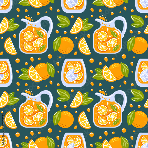 Seamless pattern showcasing vibrant orange lemonade with orange slices in a pitcher and glass. Perfect for cocktails and smoothies, this design captures a refreshing, nostalgic summer vibe.