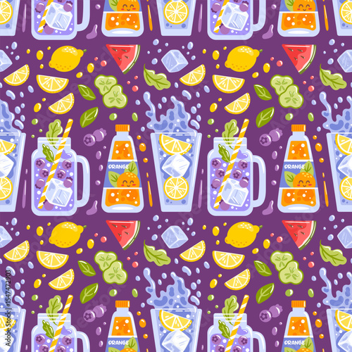 Vector illustration, bright seamless pattern of refreshing lemonades with ice cubes and ingredients such as lemon, strawberry, watermelon, cucumber, blueberry. Orange soda, perfect for a summer mood.
