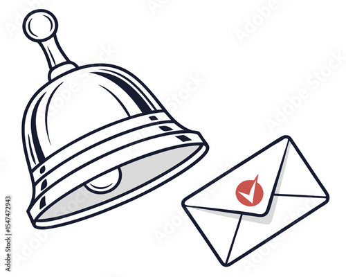 Hand bell ringing to announce important message with a received mail and a check mark confirmation.