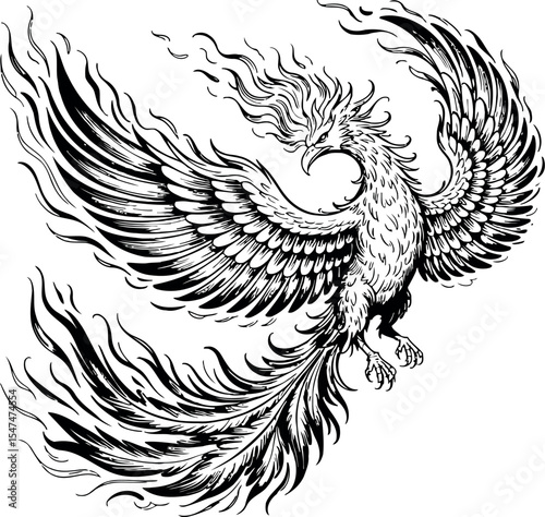 A powerful black and white drawing depicts a mythical phoenix rising. Its wings are spread wide, and flames emanate from its head and tail, symbolizing rebirth and resilience.