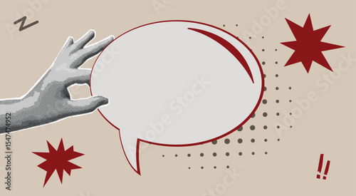 Pop art style illustration of hand holding a blank speech bubble on beige background. Concept for message, communication, and dialogue in retro comic style.