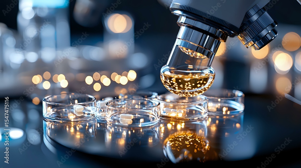 Laboratory research with golden liquid sample in petri dish on dark background with bokeh lights, scientific experiment in modern facility setting. Laboratory research with golden liquid sample in petri dish on dark background with bokeh lights, scientific experiment in modern facility setting.