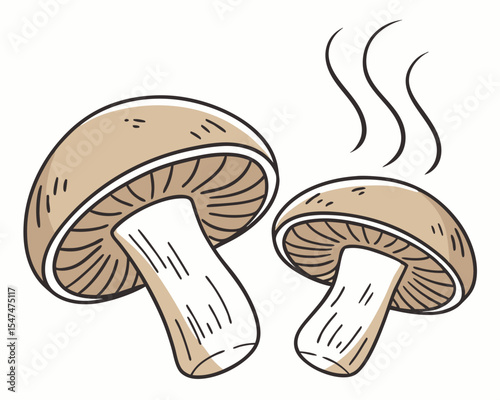 Two fresh brown cartoon mushrooms with steam rising in a vector illustration design.