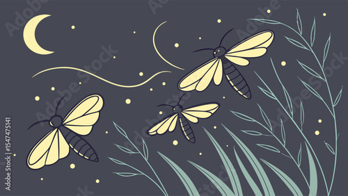 Moths flying at night. Peaceful nocturnal insects under crescent moon and stars. Summer evening nature vector illustration.