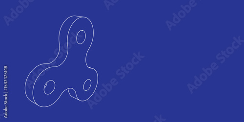 The outline of a large spinner symbol made of white lines on the left. 3D view of the object in perspective. Vector illustration on indigo background