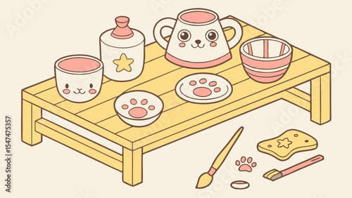 Kawaii pottery craft kit on wooden table. Cute ceramic cups, bowls, plates, paint, brush. Creative DIY art hobby for kids.