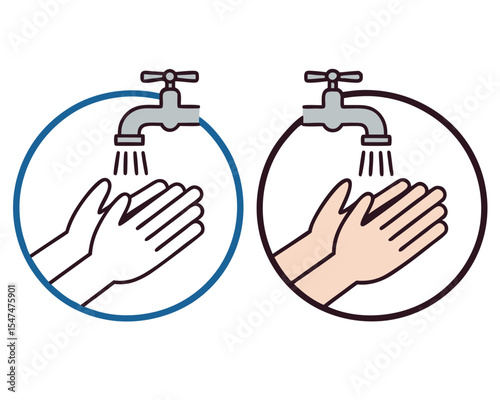 Illustration of hand washing with water from a faucet to demonstrate proper hygiene practices.