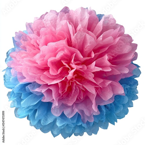 Delicate ombre paper pom-pom.  Layers of soft pink and sky blue tissue paper create a beautiful, round, floral design