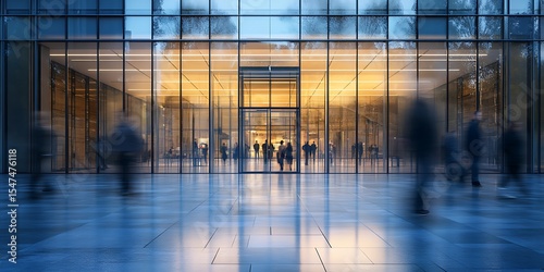 Glass building with people walking in and out blur