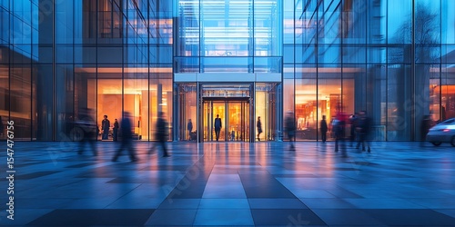 People walking outside modern glass building at night