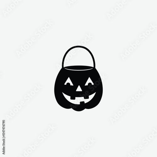 Flat black silhouette of a jack-o'-lantern candy bag with a toothy grin. Perfect for Halloween designs, spooky graphics, and seasonal decor. Clean white background, bold style.