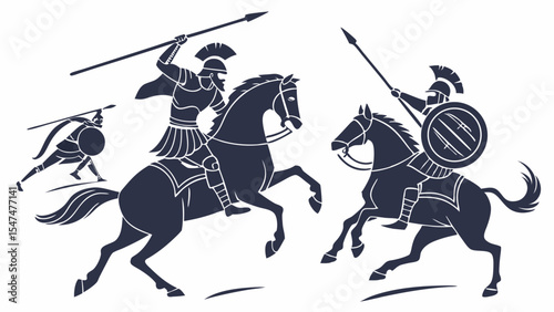 Ancient warriors on horseback in battle silhouette. Historical cavalry combat with spears and shields. Vintage vector art.