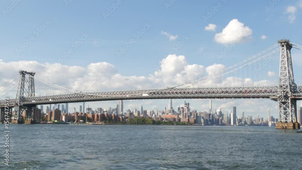 New York City skyline from ferry boat. Manhattan midtown highrise skyscrapers view from ferryboat. East river waterfront panorama, riverfront buildings architecture near water USA. Williamsburg Bridge New York City skyline from ferry boat. Manhattan midtown highrise skyscrapers view from ferryboat. East river waterfront panorama, riverfront buildings architecture near water USA. Williamsburg Bridge