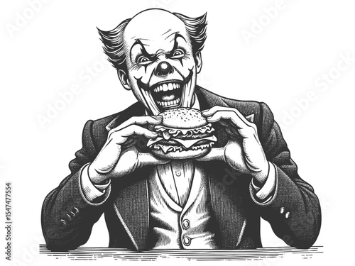sinister clown in formal attire smiling widely while holding a large burger with both hands sketch engraving generative ai fictional character vector illustration. Scratch board. Black and white.
