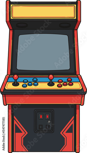 Illustration of a vintage arcade cabinet with red, black and yellow colours, isolated on white background