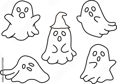 ゴーストのアウトライン白黒線画イラストセット