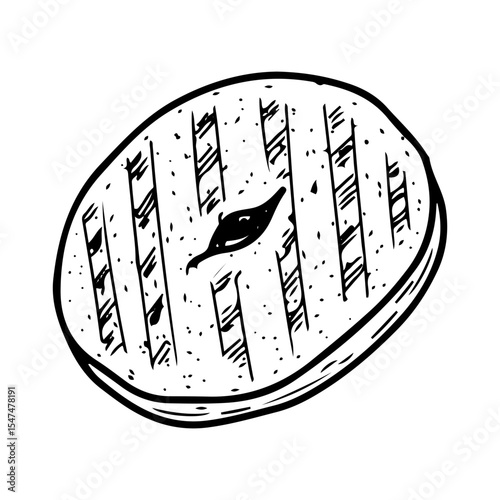 Toasted half bagel. Hand drawn doodle vector. Baked tasty breakfast food. Bread ring. Confectionery round bun. Bakery cafe menu. Illustration line art element.