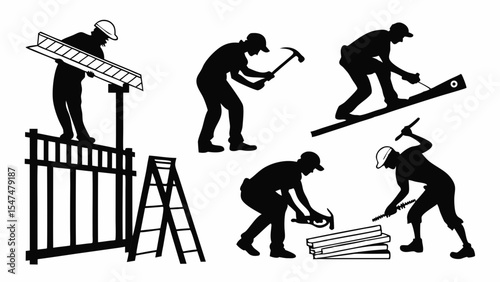 Construction workers silhouettes. Builders and handymen working on building, repair, renovation, and home improvement projects.