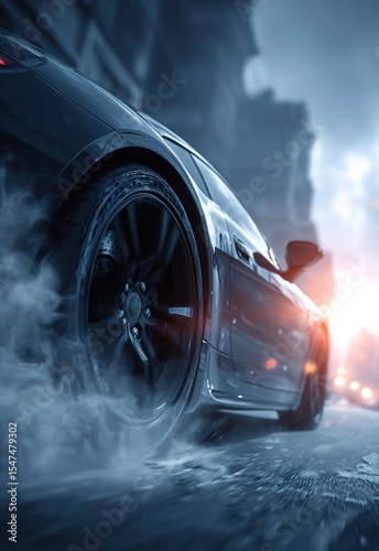Close-up of spinning wheels with tire smoke on elegant car