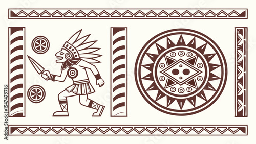 Ancient tribal art pattern with Native American warrior, sun symbol, and ethnic borders. Indigenous culture vector illustration.
