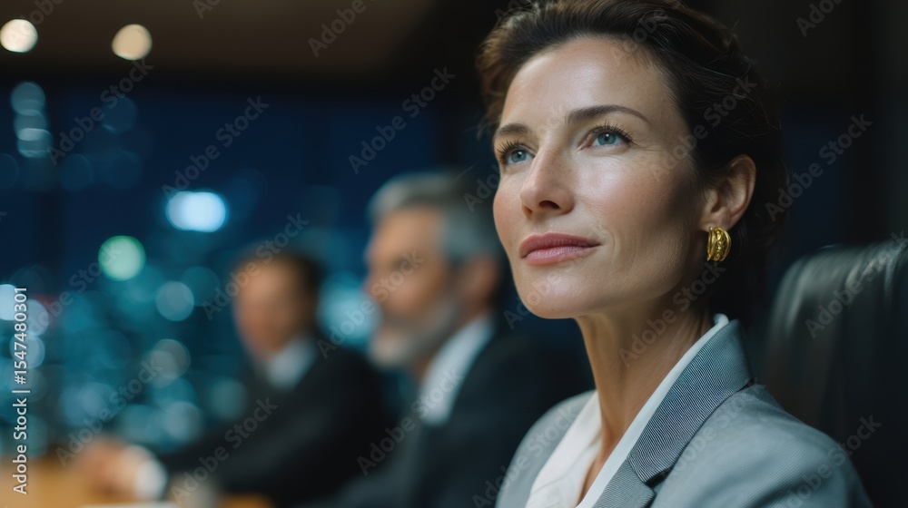 Obraz premium Confident Businesswoman Looks to the Future During a Late Night Meeting with Colleagues Focused on Strategy and Planning for Corporate Success and Innovation
