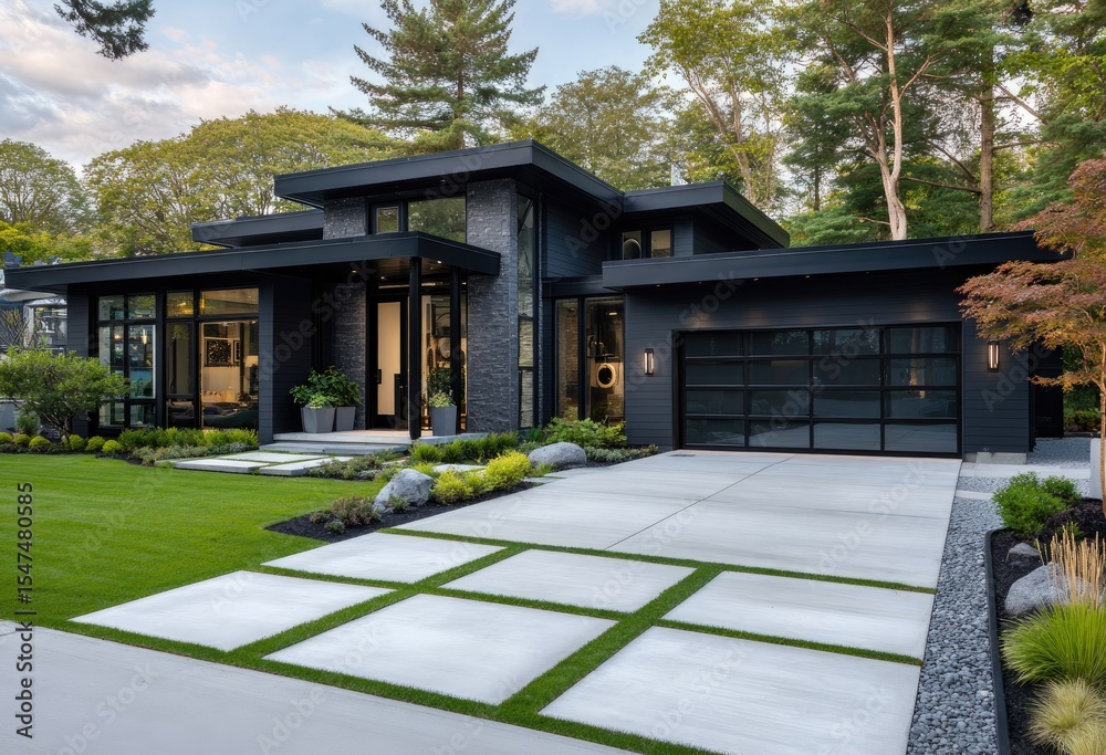 A modern black house with large concrete pavers in the driveway, with grass between the concrete paver patterns A modern black house with large concrete pavers in the driveway, with grass between the concrete paver patterns