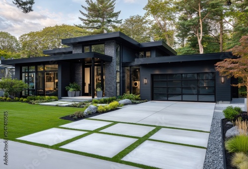 A modern black house with large concrete pavers in the driveway, with grass between the concrete paver patterns