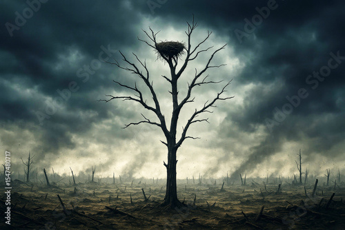 Dead tree with bird nest on barren land under stormy sky, symbol of survival and desolation, dramatic natural landscape