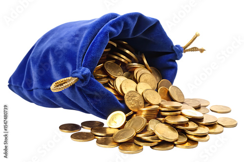 a deep blue bag lay down floor of golden coins isolated on white background