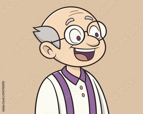 Cheerful cartoon illustration of a smiling elderly gentleman with glasses and a white shirt.