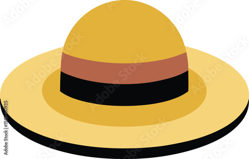 Round straw hat with black band on white background