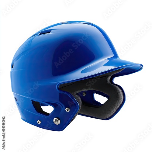 Bright blue protective baseball helmet.  Features a  padded chinstrap and  a  smooth shell